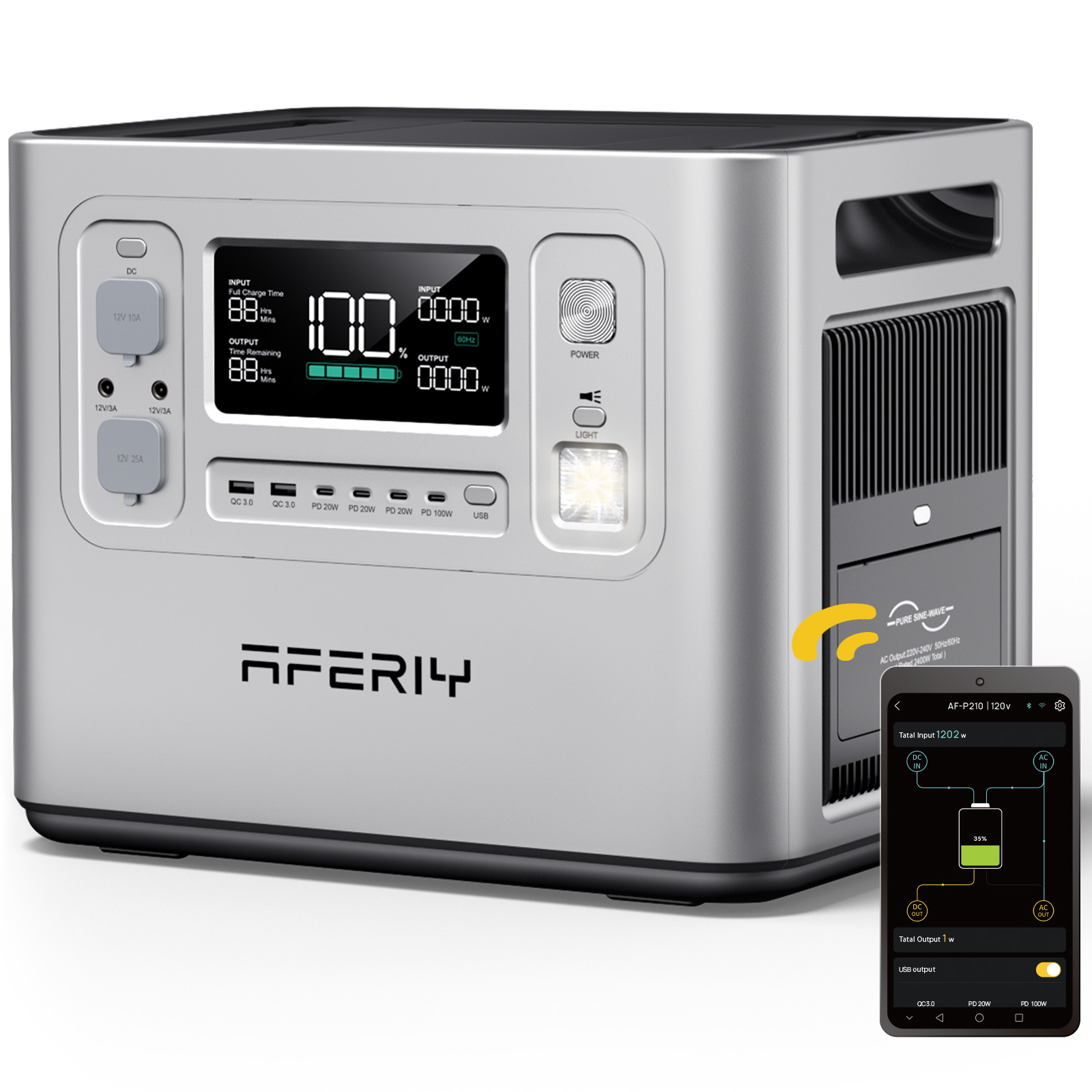 Portable Power Station - P210シルバー 2048Wh アプリ対応 2+3年保証 Aferiy キャンピング用ポータブル電源